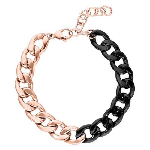 Bracciale bicolore in acciaio chirurgico, maglie in oro rosa e nero su sfondo bianco