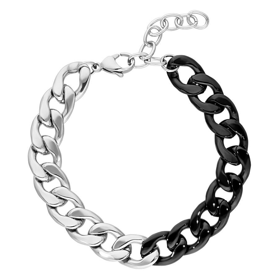 Bracciale argento e nero in acciaio chirurgico su sfondo bianco