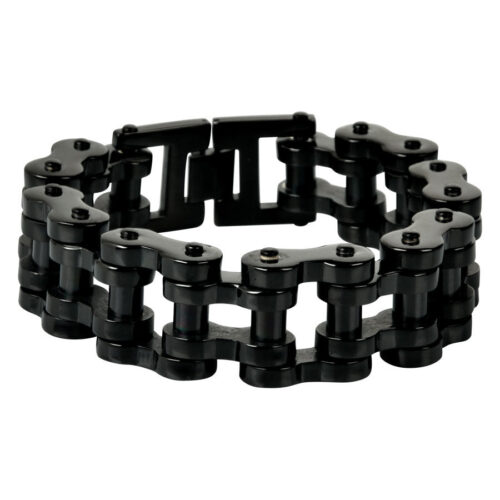 Bracciale Bikechain nero in acciaio chirurgico 316L su sfondo bianco