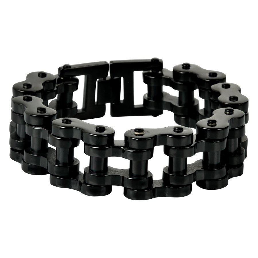 Bracciale nero Bikechain in acciaio Bracciale Bikechain nero in acciaio chirurgico 316L su sfondo bianco