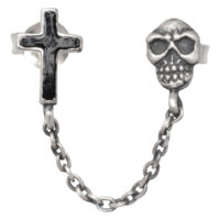 Catena d'argento per orecchio con teschio e croce Catena d'argento per orecchio con teschio opaco e croce, collegati da una catena