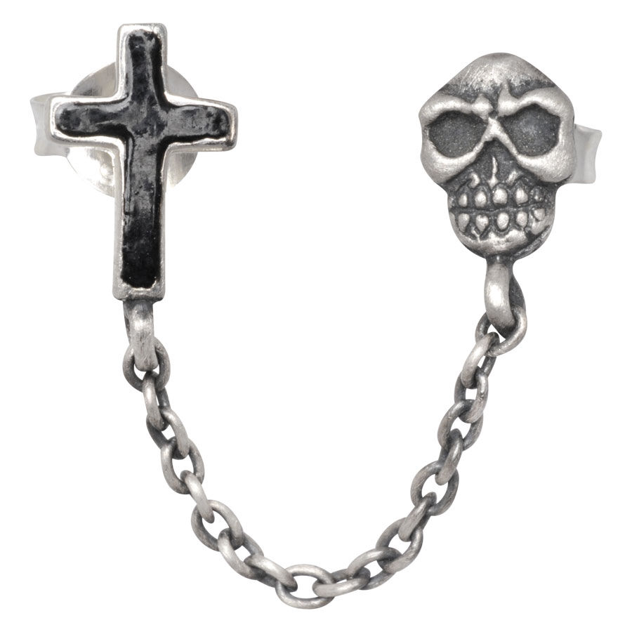 Catena d'argento per orecchio con teschio e croce Catena d'argento per orecchio con teschio opaco e croce, collegati da una catena