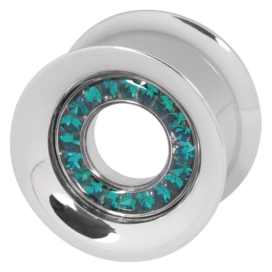 Tunnel in acciaio chirurgico argento con cristalli blu zirconio su sfondo bianco