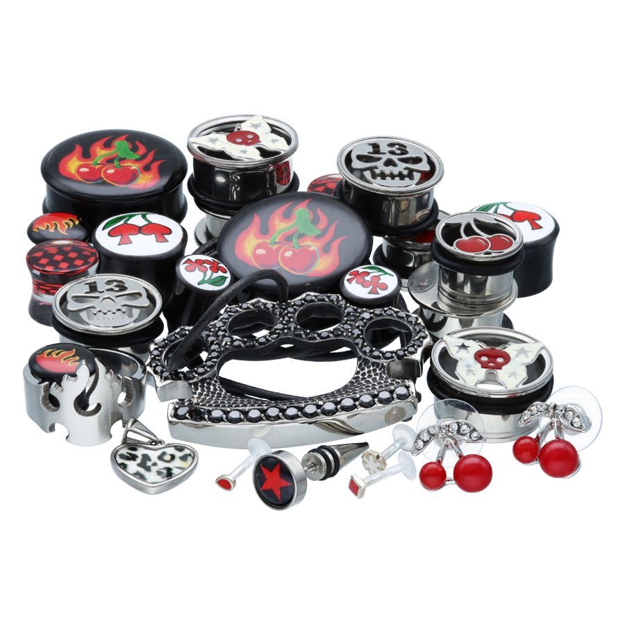 Set di gioielli Rockabilly con motivo ciliegia Set di gioielli unisex Rockabilly con motivi di ciliegie e fiamme, titanio