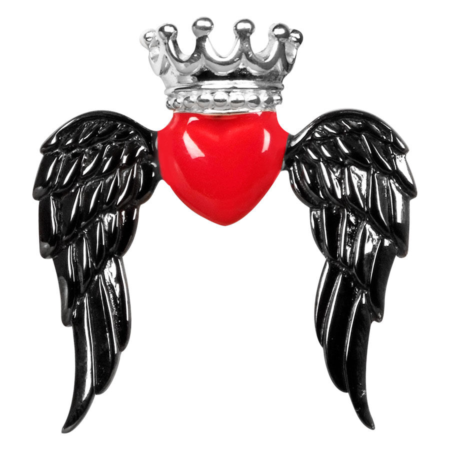 Cuore rosso con corona d'argento e ali nere su sfondo bianco