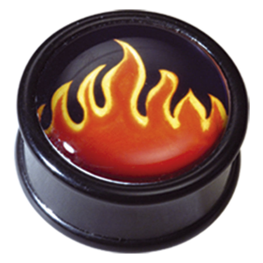 Plug nero per orecchio in PMMA con motivo a fiamme luminose su sfondo neutro