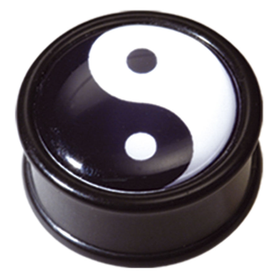Yin Yang Plug in PMMA nero e bianco Yin Yang Plug in PMMA nero con simbolo Yin Yang bianco su sfondo bianco