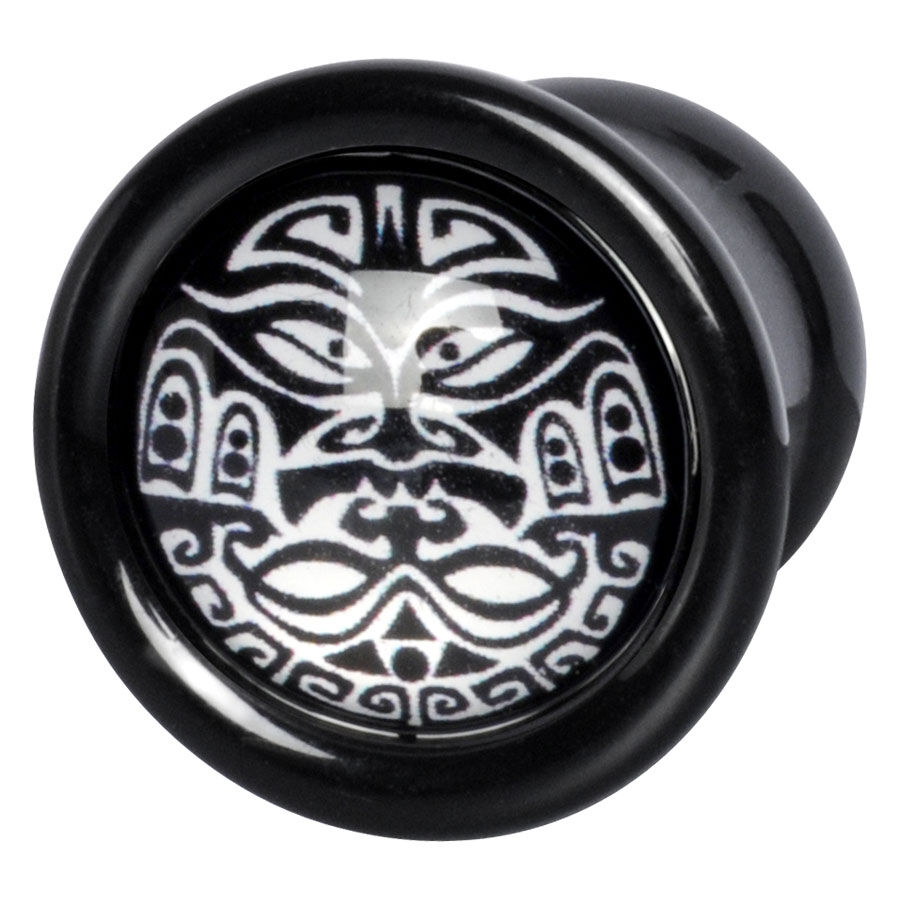Plug nero in PMMA con motivo Maori bianco su sfondo grigio