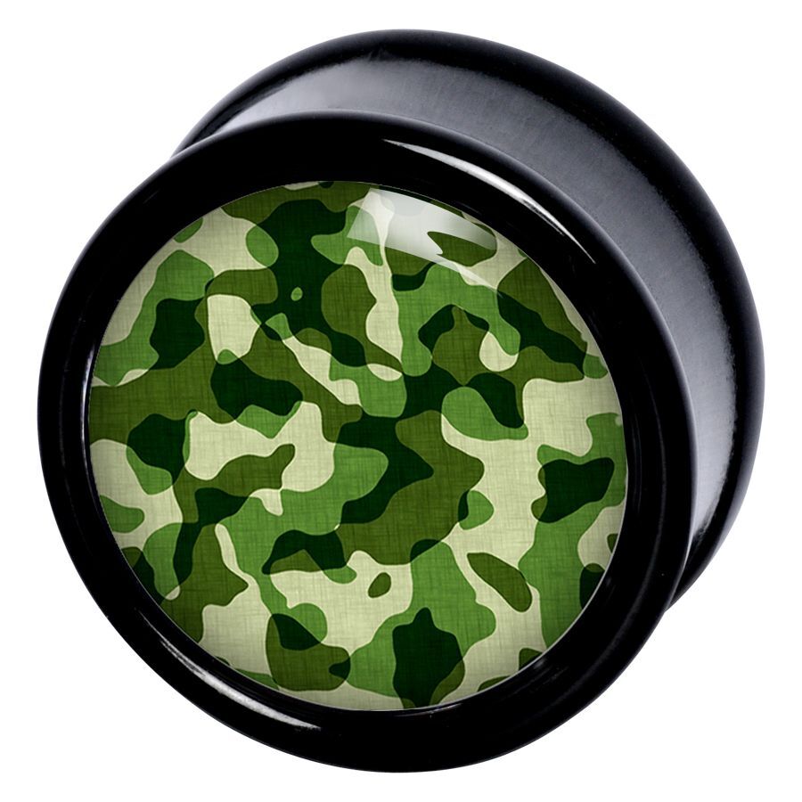Camouflage Plug in design nero-verde Plug rotondo camouflage con motivo mimetico verde su sfondo nero