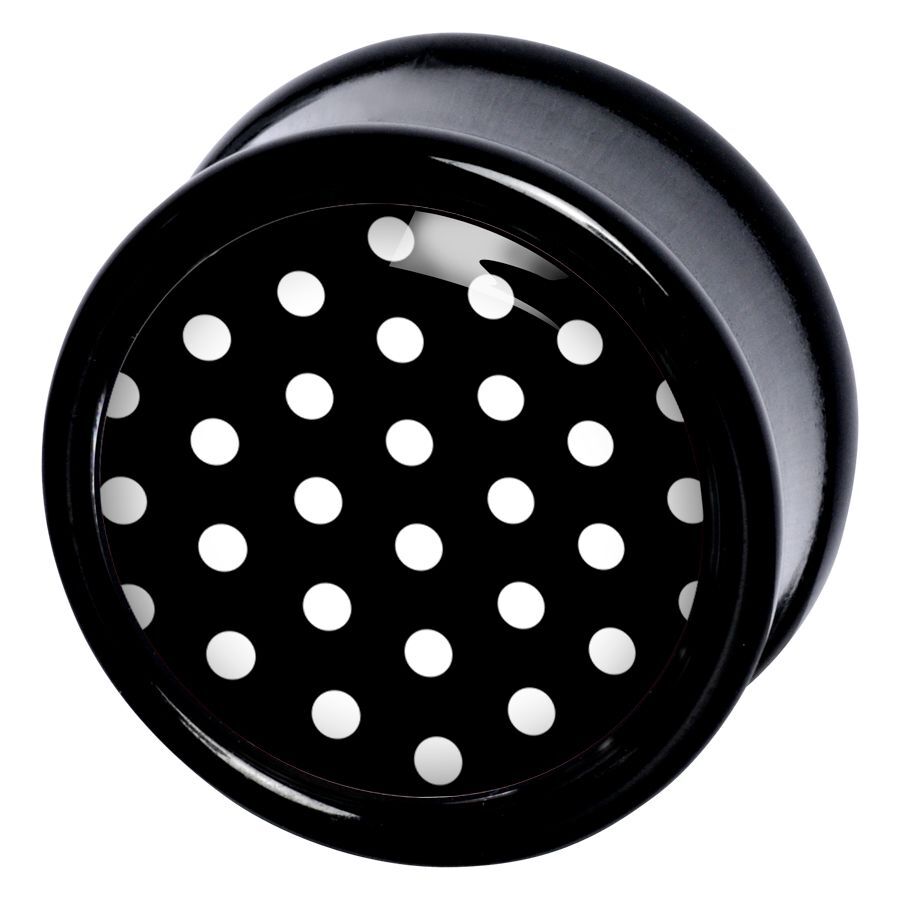 Plug nero con pois bianchi Plug in PMMA nero con pois bianchi su sfondo nero