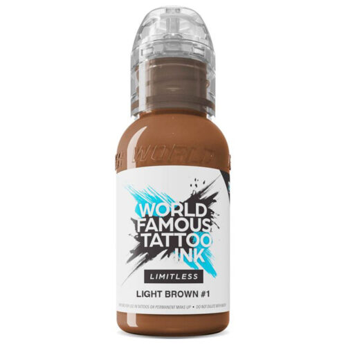 Inchiostro marrone per tatuaggi di World Famous Ink in bottiglia da 30 ml su sfondo bianco