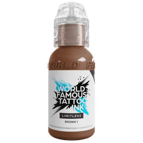 Tinta marrone per tatuaggi di World Famous Ink in flacone da 30ml su sfondo bianco