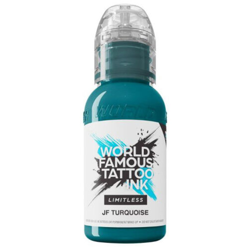 Bottiglia da 30 ml di World Famous Ink JF Turquoise su sfondo bianco