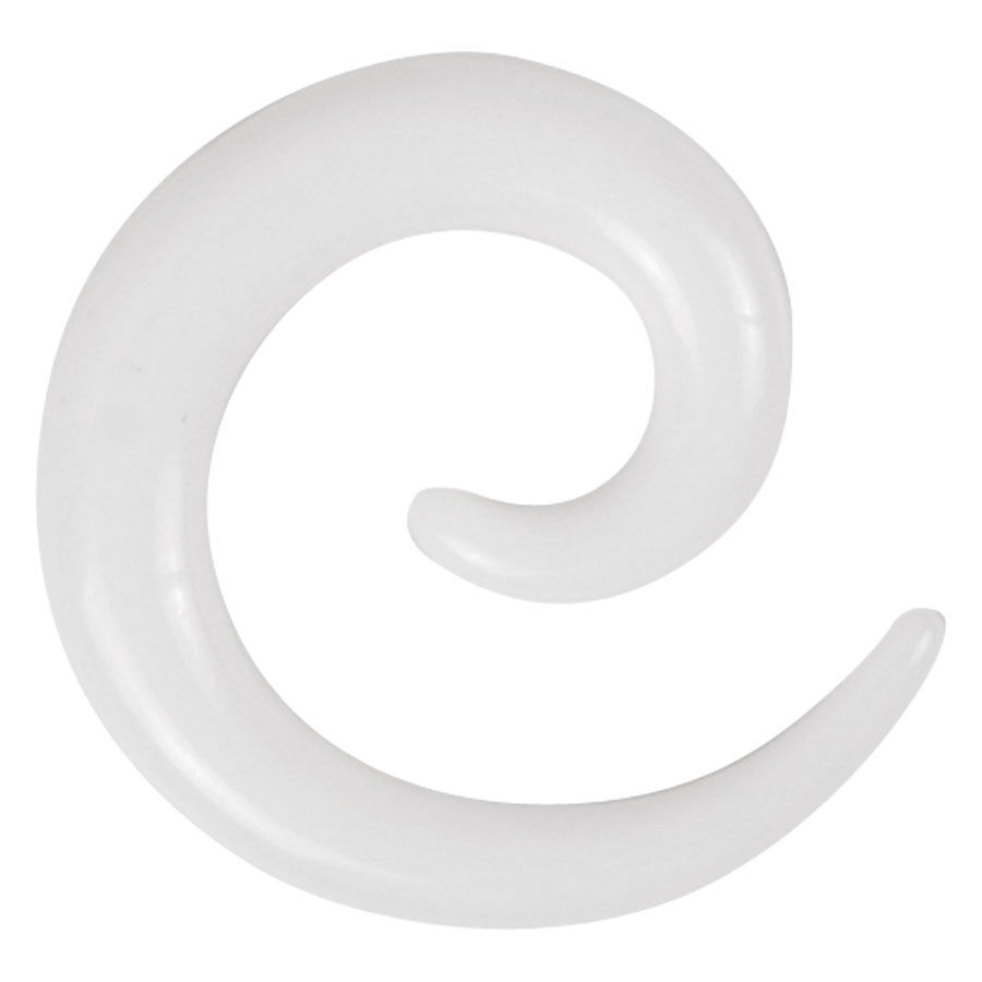 Spirale bianca in acrilico su sfondo bianco, piercing all'orecchio