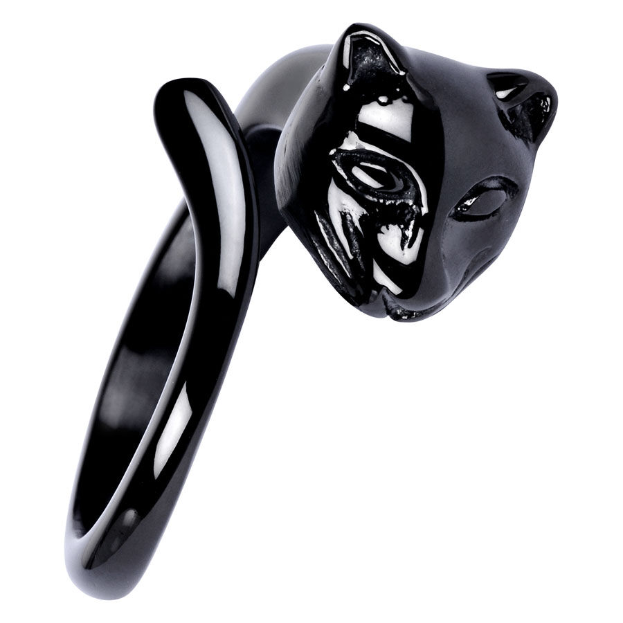 Anello nero con testa di gatto selvatico in acciaio chirurgico