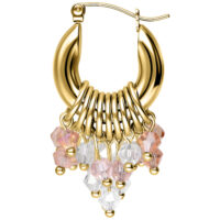 Orecchini a cerchio dorati con cristalli rosa e chiari su sfondo bianco