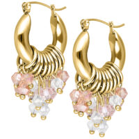 Orecchini Glamour Hoops dorati con cristalli rosa e chiari su sfondo bianco