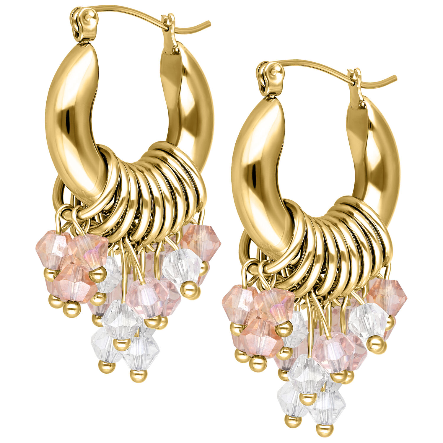 Orecchini Glamour Hoops dorati con cristalli rosa e chiari su sfondo bianco