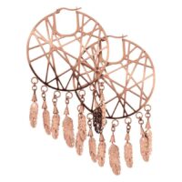 Orecchini Dreamcatcher in acciaio chirurgico color oro rosa con piume e chiusura a scatto
