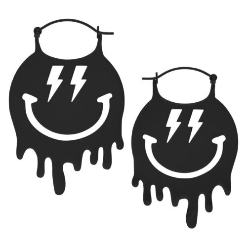 Orecchini a cerchio neri con motivo smiley e fulmine su sfondo bianco