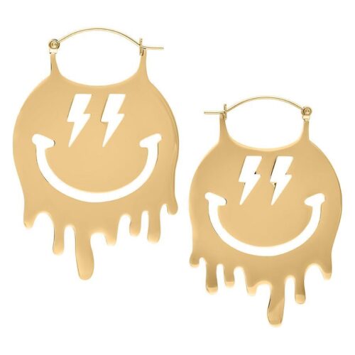 Orecchini Smiley Big Hoops d'oro con motivo a fulmine su sfondo bianco