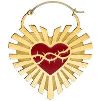 Orecchini Sacro Cuore dorati con spine Orecchini dorati a forma di cuore con spine rosse su sfondo bianco