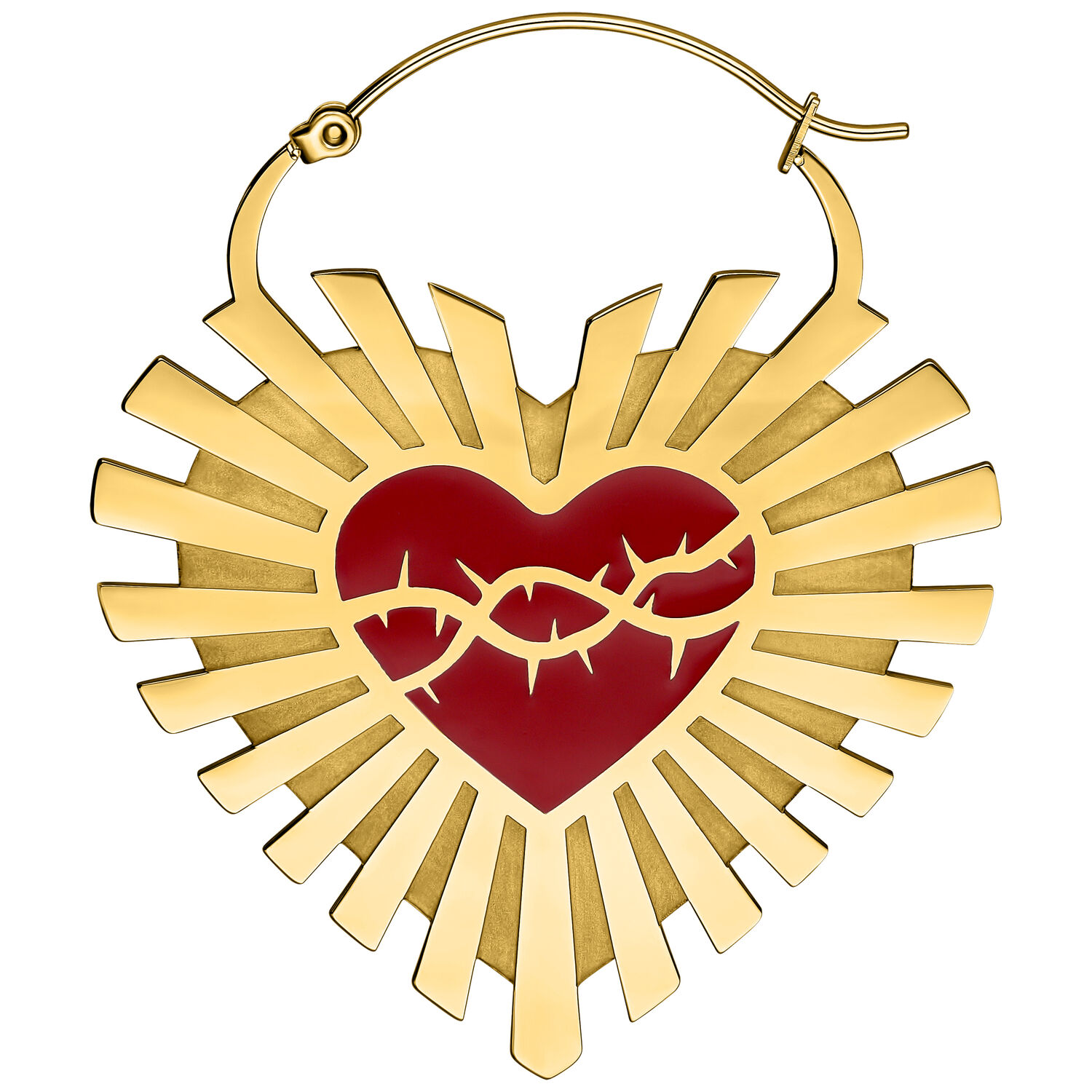 Orecchini Sacro Cuore dorati con spine Orecchini dorati a forma di cuore con spine rosse su sfondo bianco