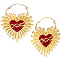 Orecchini a Cerchio Sacred Heart Dorati con Filo Spinato Orecchini dorati a forma di cuore con cuore rosso e motivo a filo spinato su sfondo bianco