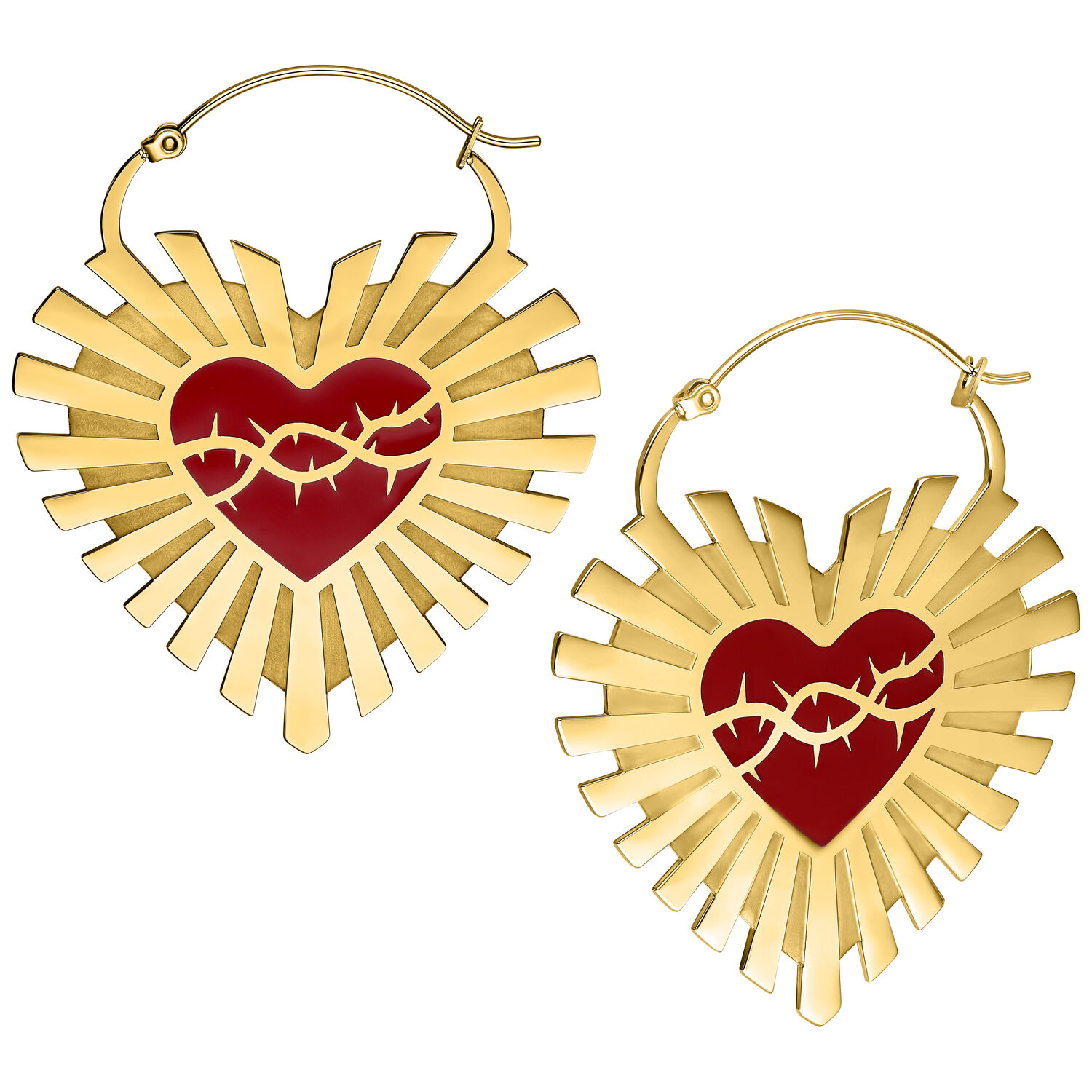 Orecchini a Cerchio Sacred Heart Dorati con Filo Spinato Orecchini dorati a forma di cuore con cuore rosso e motivo a filo spinato su sfondo bianco