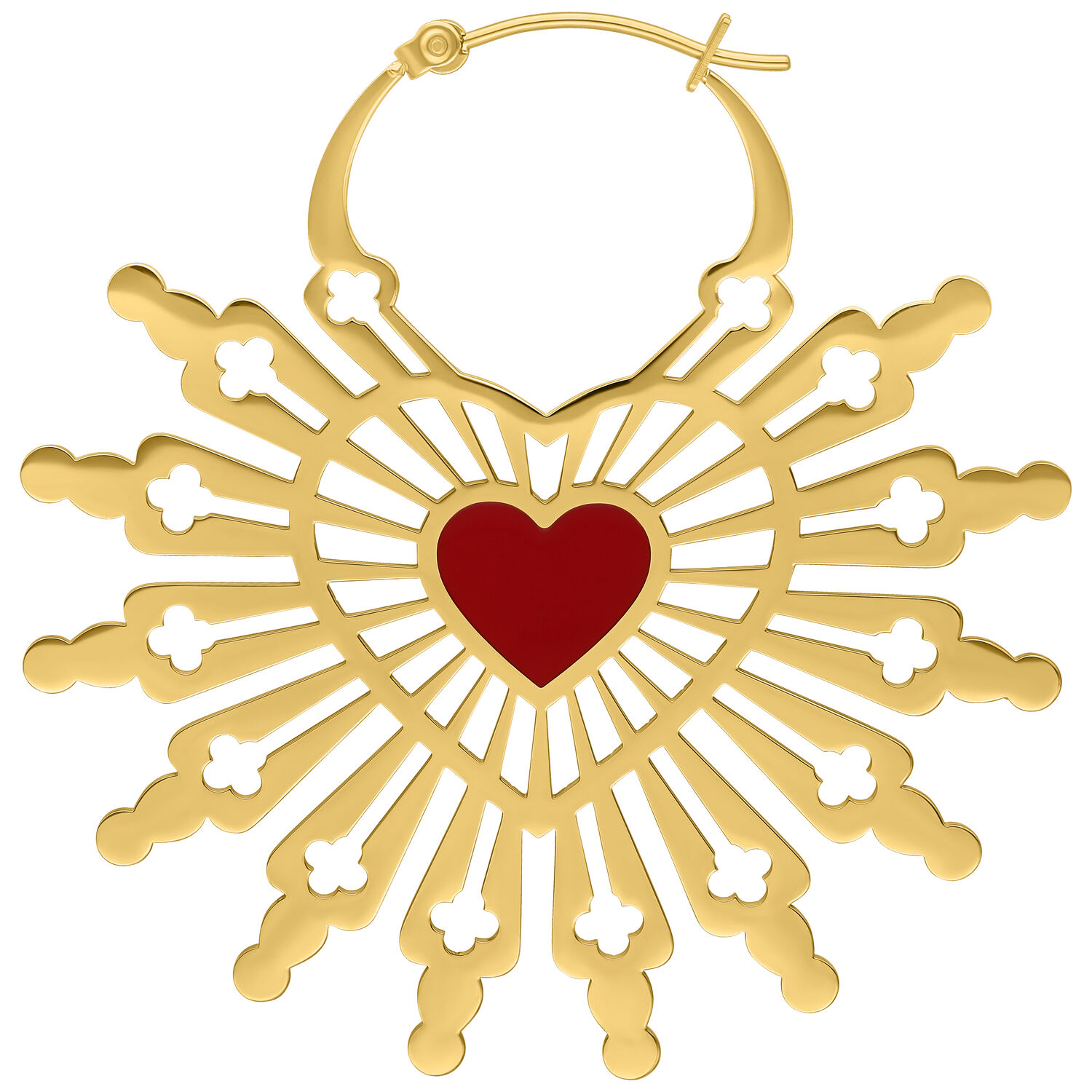 Orecchini dorati con design a cuore Orecchini dorati a forma di cuore con cuore rosso al centro su sfondo bianco