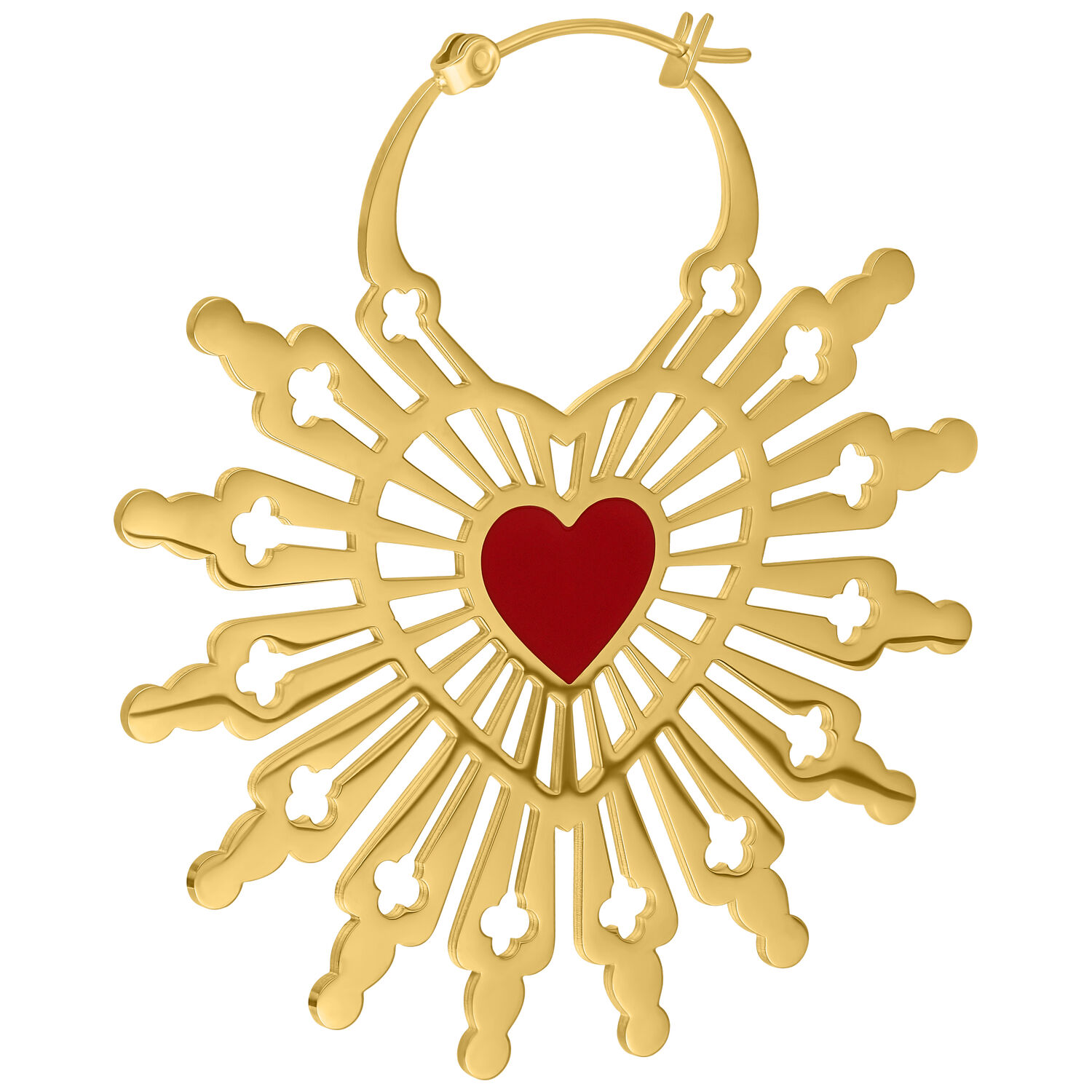 Orecchini a cerchio Sacred Heart dorati Orecchino dorato con motivo a cuore rosso e chiusura a scatto su sfondo bianco