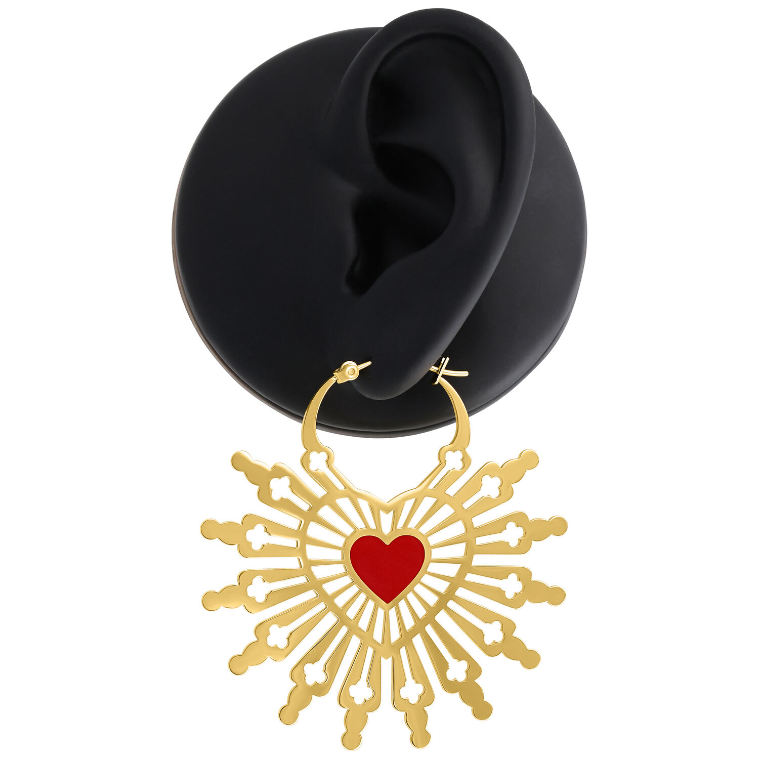 Orecchini a cerchio Sacred Heart dorati Orecchini dorati con motivo a cuore rosso su sfondo nero