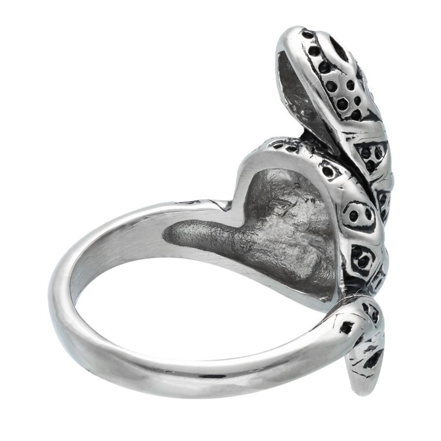 Anello serpente in acciaio chirurgico 316L argento con incisioni dettagliate su sfondo bianco