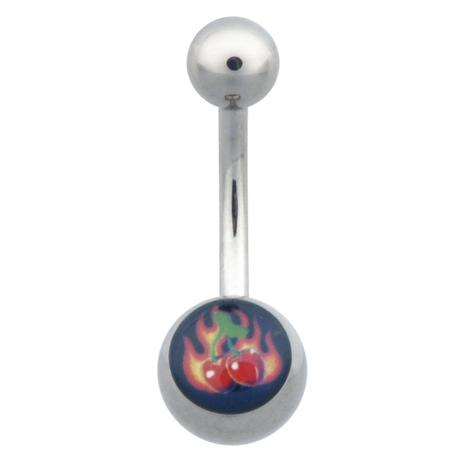 Piercing all'ombelico in argento con ciliegie fiammeggianti Bananabell in titanio argento con motivo a fiamme e ciliegie su sfondo bianco