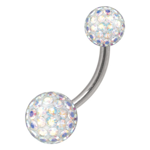 Piercing ombelico con pietre Aurora Boreale su sfondo bianco