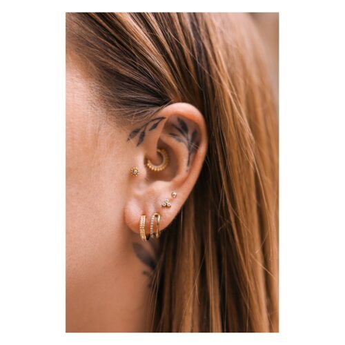 Orecchio con diversi piercing dorati, incluso un Rivet Clicker, su sfondo chiaro