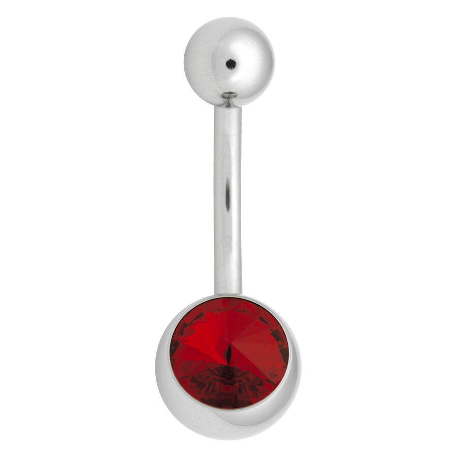 Piercing all'ombelico in titanio argento con cristallo rosso su sfondo bianco