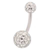 Piercing all'ombelico in argento con cristalli chiari su sfondo bianco