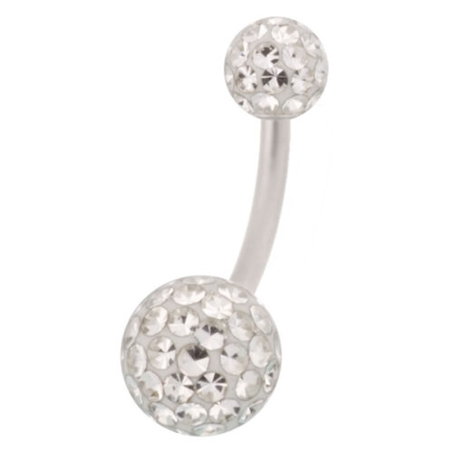 Piercing all'ombelico in argento con cristalli chiari su sfondo bianco