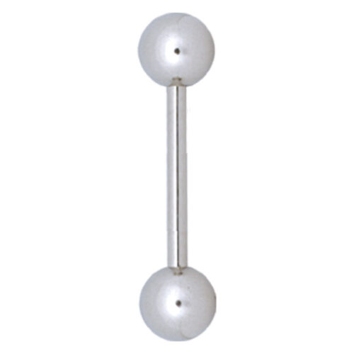 Piercing barbell argento con due sfere su sfondo bianco