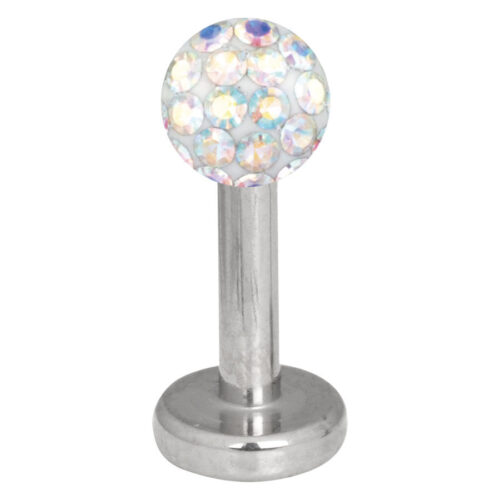 Labret in argento con sfera di cristallo Aurora Boreale da 4mm su sfondo bianco