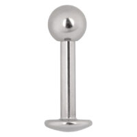 Labret in titanio argento con sfera e filettatura esterna su sfondo bianco