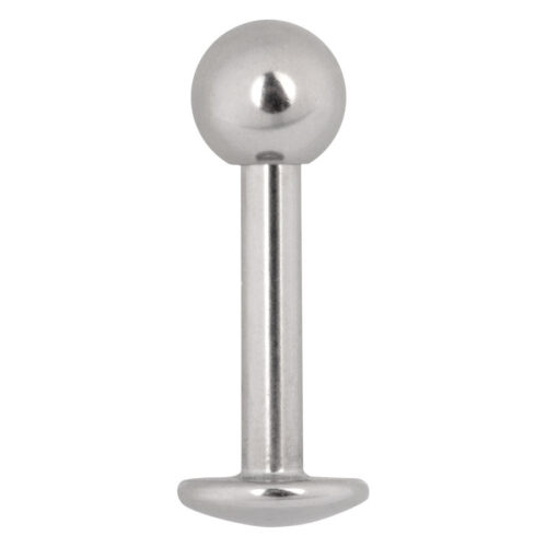 Labret in titanio argento con sfera e filettatura esterna su sfondo bianco