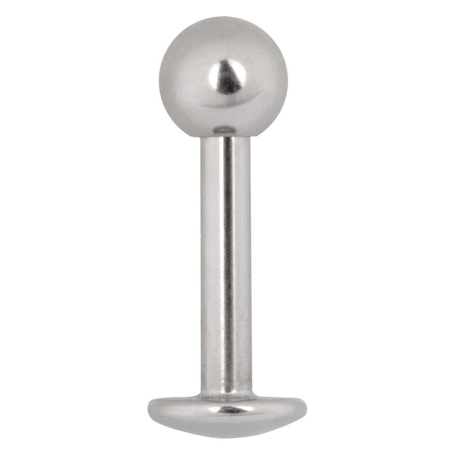 Labret in titanio argento con sfera e filettatura esterna su sfondo bianco