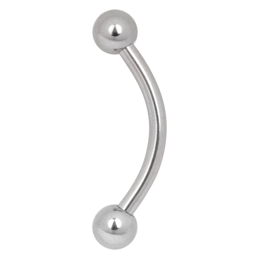 Piercing in titanio argento curvato con due sfere su sfondo bianco