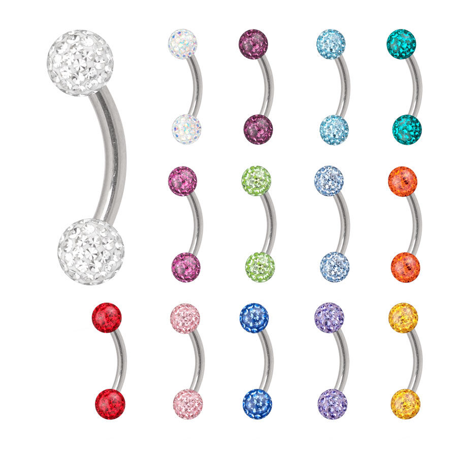 Verschiedene Titan Micro Bananabells mit bunten Kristallkugeln auf weißem Hintergrund