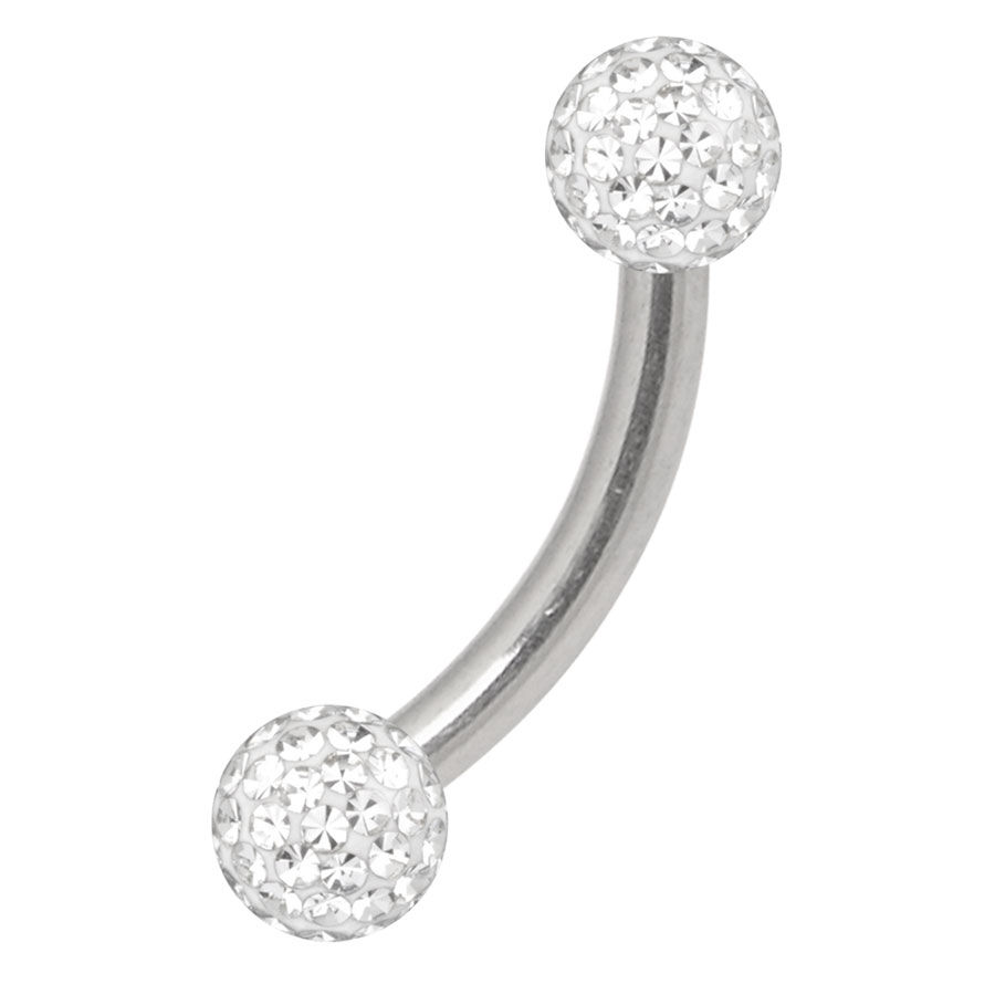 Piercing in titanio argentato con sfere di cristallo chiaro su sfondo bianco