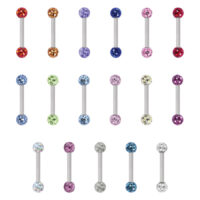 Colorati Piercing Barbell in Titan 16 pezzi Sedici piercing barbell colorati in titanio, ciascuno con due sfere di cristallo in vari colori, su sfondo bianco.