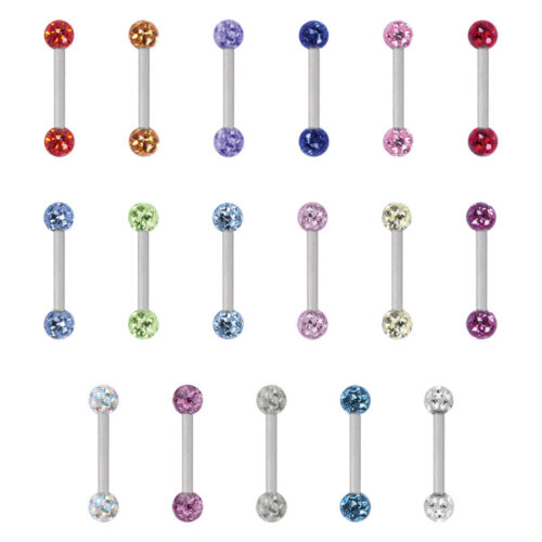 Sedici piercing barbell colorati in titanio, ciascuno con due sfere di cristallo in vari colori, su sfondo bianco.