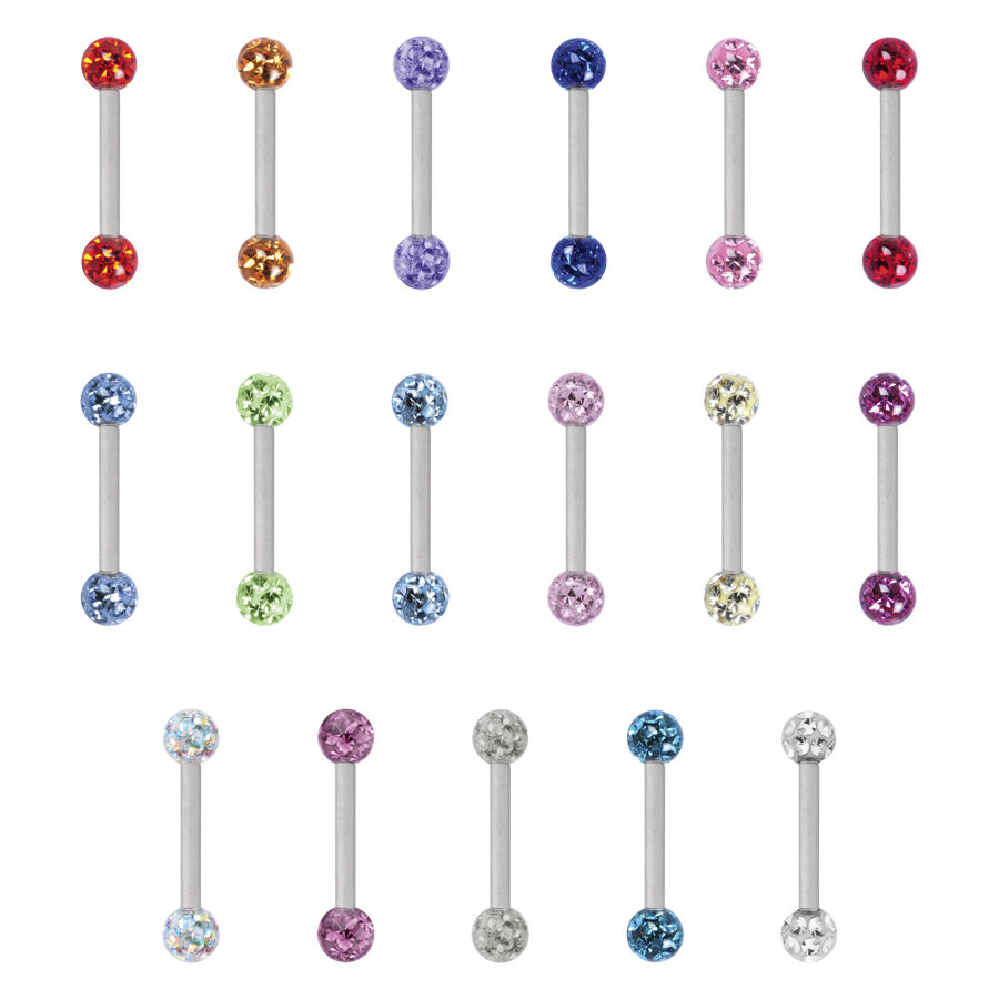 Colorati Piercing Barbell in Titan 16 pezzi Sedici piercing barbell colorati in titanio, ciascuno con due sfere di cristallo in vari colori, su sfondo bianco.